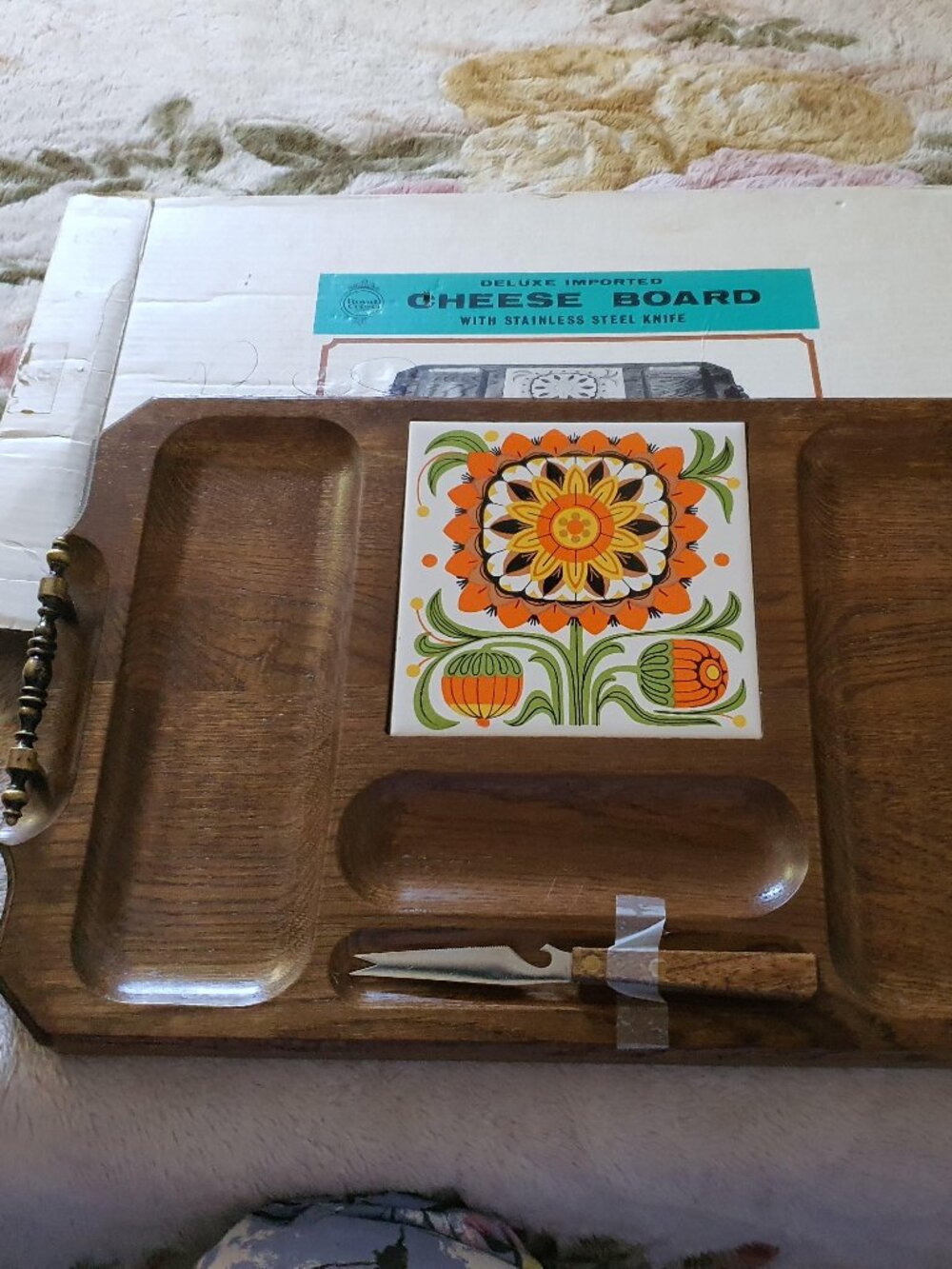 Vintage 70s Gail Craft Wood & Ceramic Cheese Board with knife Orange Flowers